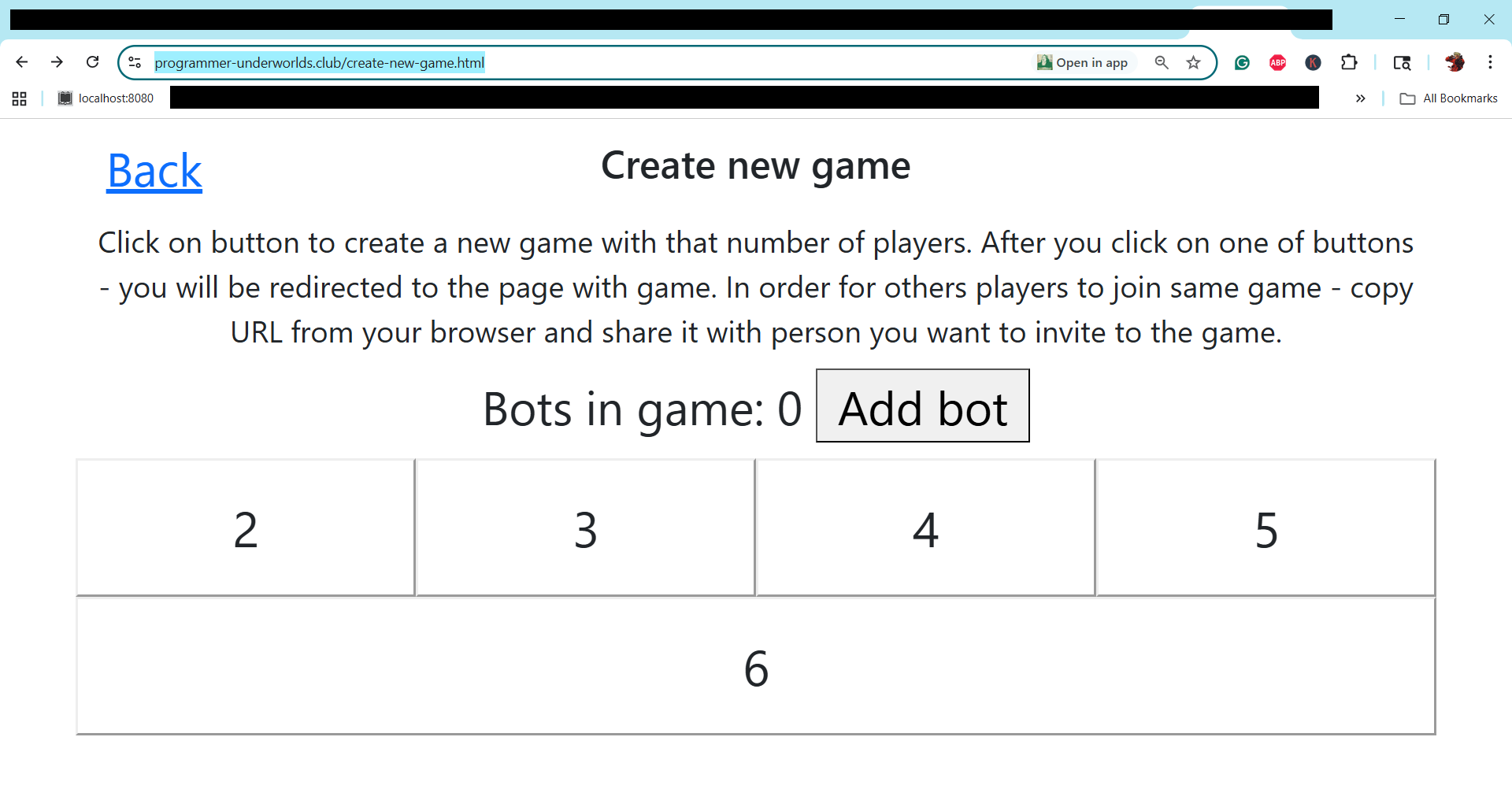 Tangkapan layar halaman buat game baru yang menunjukkan tombol 'Tambahkan bot'.