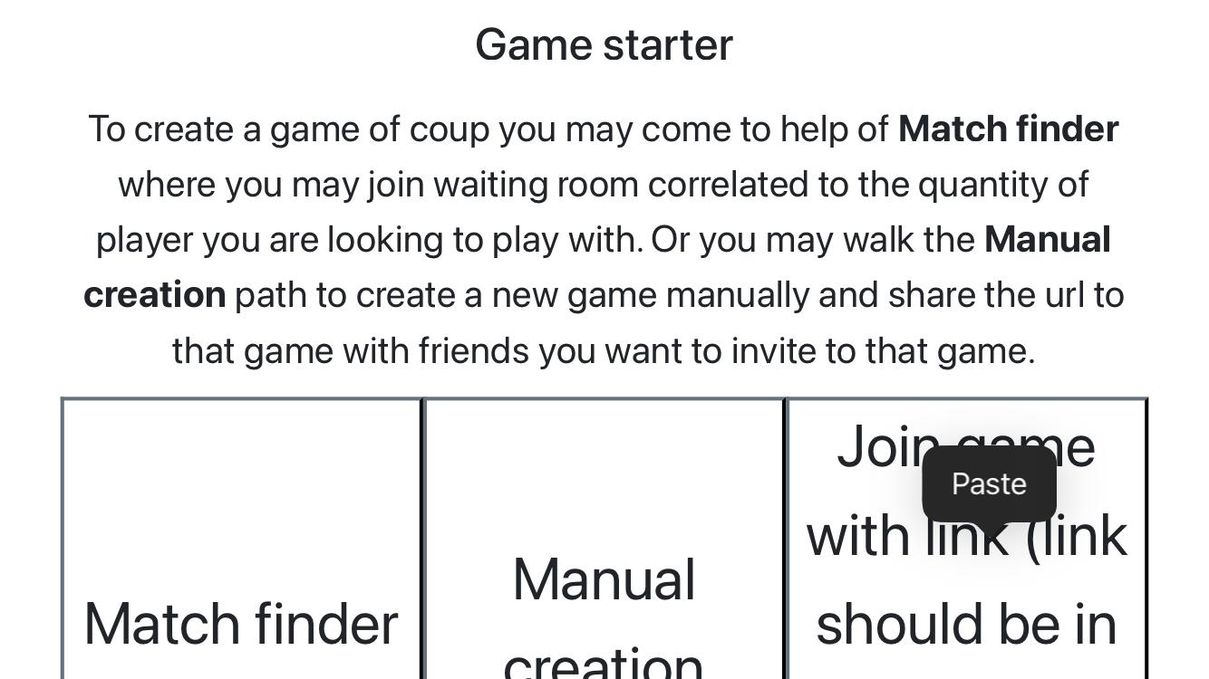 Tangkapan layar halaman game starter setelah pemain mengetuk
tombol 'Bergabung dalam permainan dengan tautan (tautan harus ada di papan klip Anda)'.