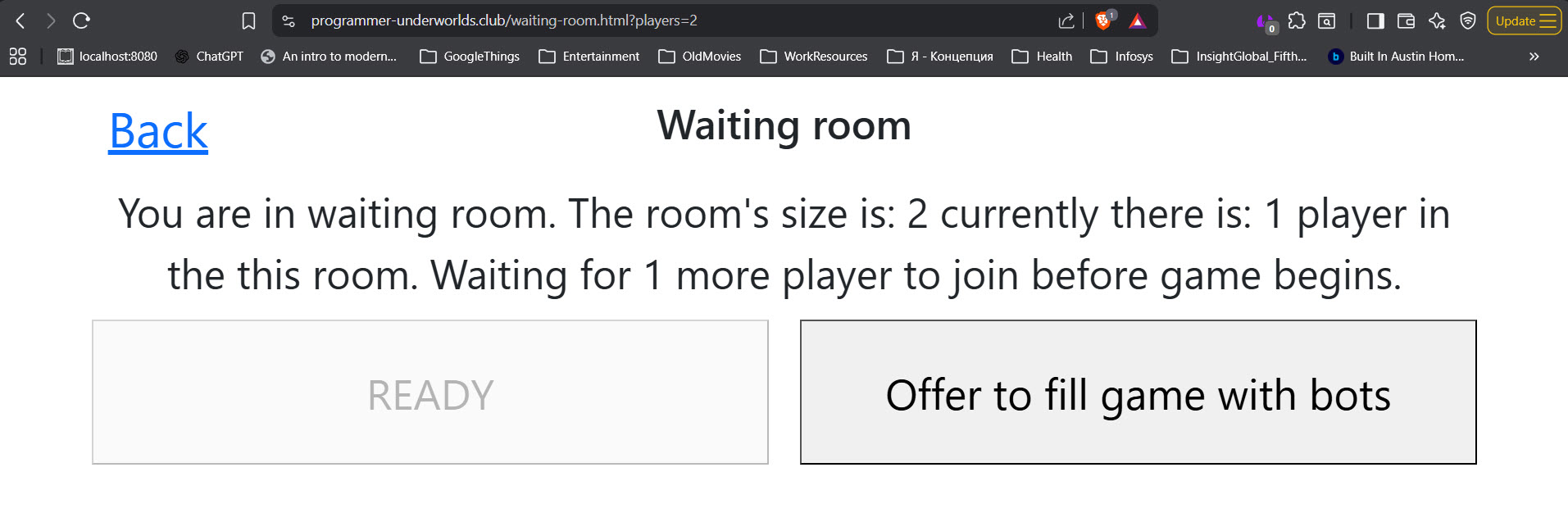 Tangkapan layar halaman 'ruang tunggu' dengan tombol 'Tawaran untuk mengisi game dengan bot'.